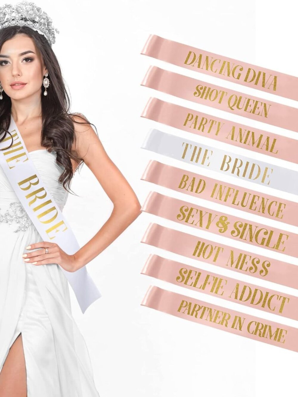 10 Pack Bride Bridesmaid Sash Bachelorette SashRose Gold, White